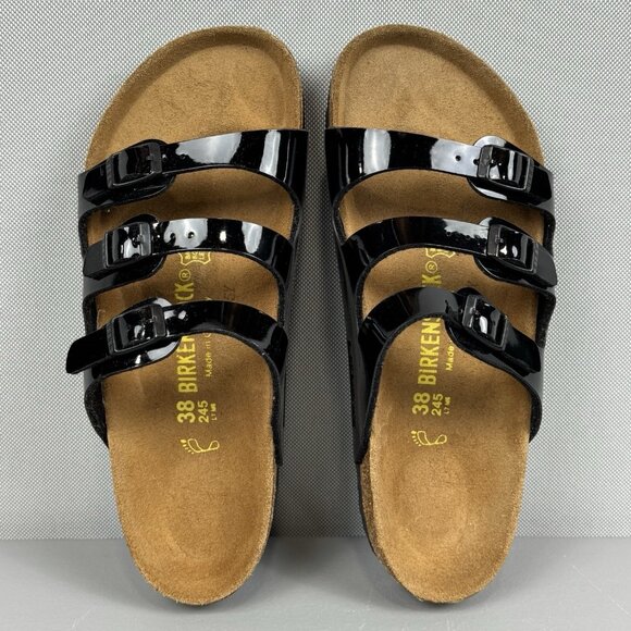 Birkenstock Florida Sandals Women 38 US 7 Black Patent Birko Flor 3 Strap Slides - Picture 6 of 11